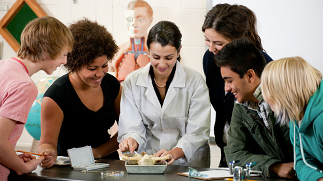 A teacher instructing a group of students in a classroom setting, fostering a learning environment.