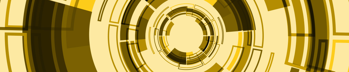 Abstract circular technology-inspired design in yellow and gold tones featuring concentric rings and geometric segments arranged in a tunnel-like pattern radiating from a central circle