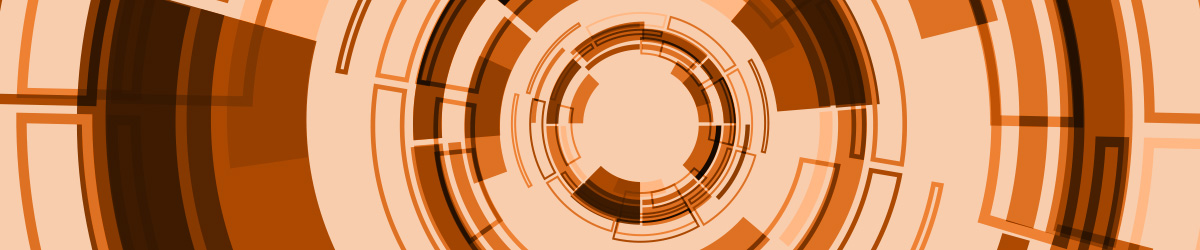 Abstract circular technology-inspired design in orange and copper tones featuring concentric rings and geometric segments arranged in a tunnel-like pattern radiating from a central circle