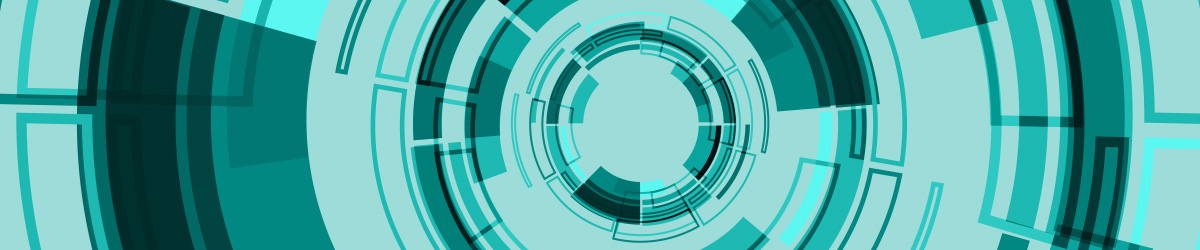 Abstract circular technology-inspired design in turquoise and teal tones featuring concentric rings and geometric segments arranged in a tunnel-like pattern radiating from a central circle