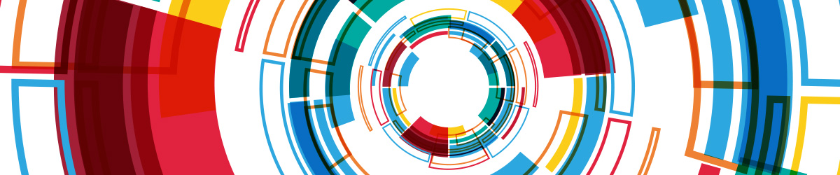 A wide banner featuring a circular geometric pattern incorporating multiple colors including red, yellow, blue, and teal in a vibrant combination, creating a technical, futuristic aesthetic